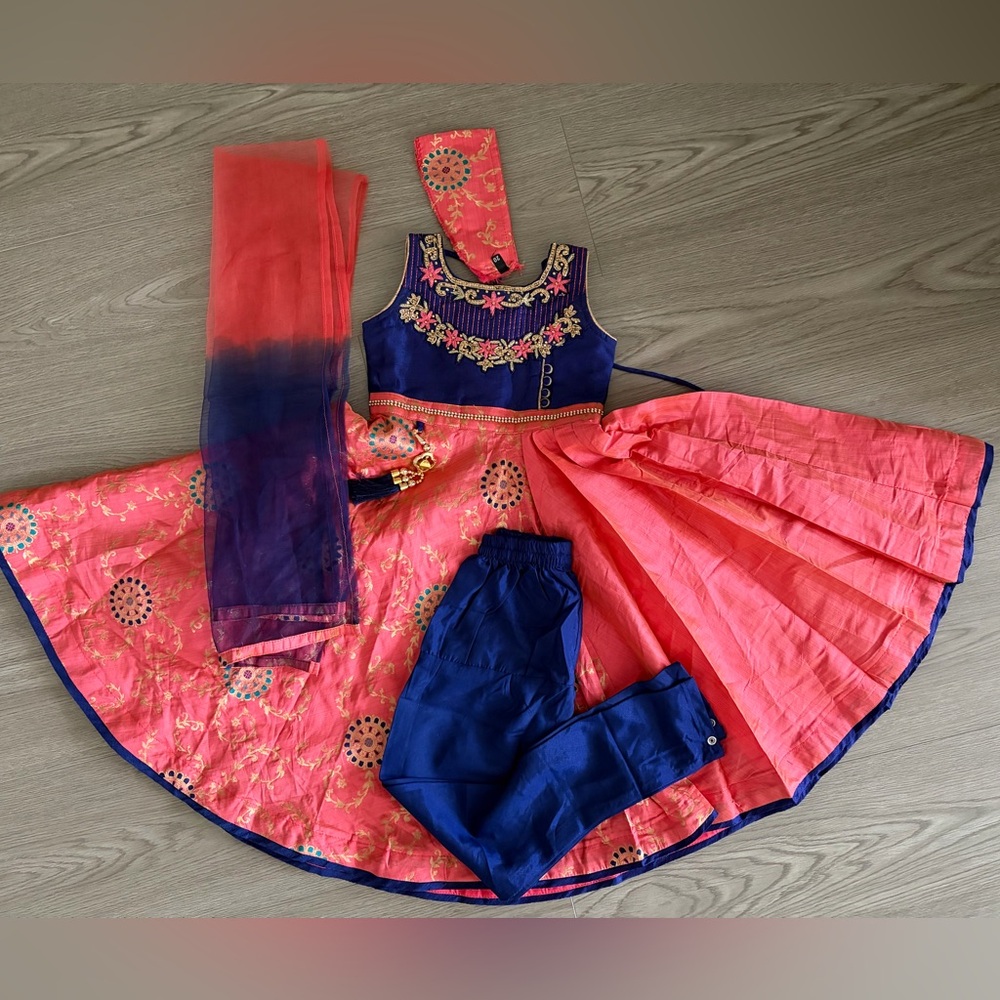 chic Pink and Blue Embroidered Girls Anarkali Suit
